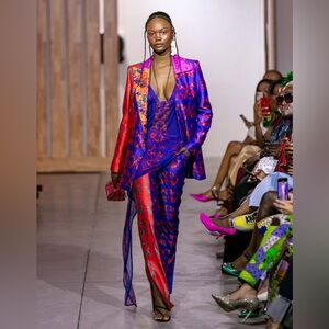 LISA FOLAWIYO Lucky Patchwork Silk Blazer + Sheer Tank + Straight Leg Pants SET